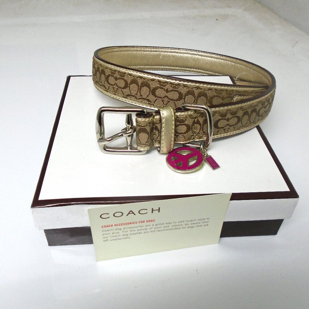 NEW VINTAGE Y2K COACH GOLD LEATHER BROWN JACQUARD SIGNATURE DOG COLLAR 60339 XL